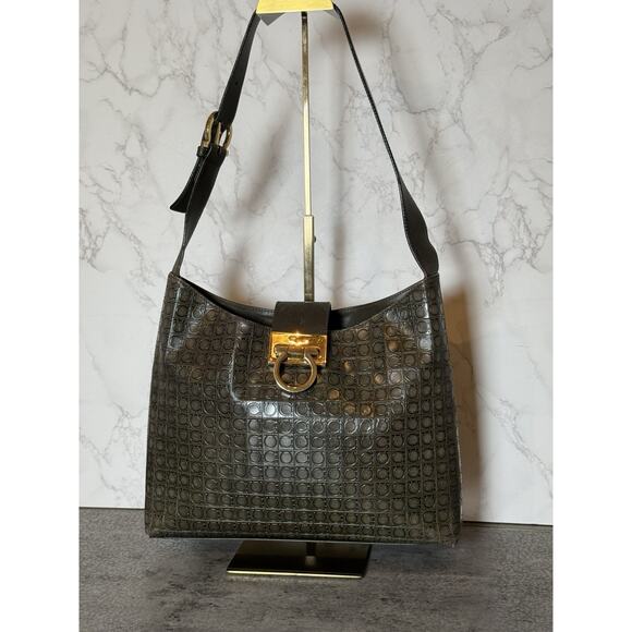 SALVATORE FERRAGAMO Logo Gancini Handbag Embossing Leather Brown Large Rare - Picture 3 of 16